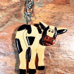 Wood Intarsia Esquisite Handcrafted Wood MooMoo Cow Theme Keychain •